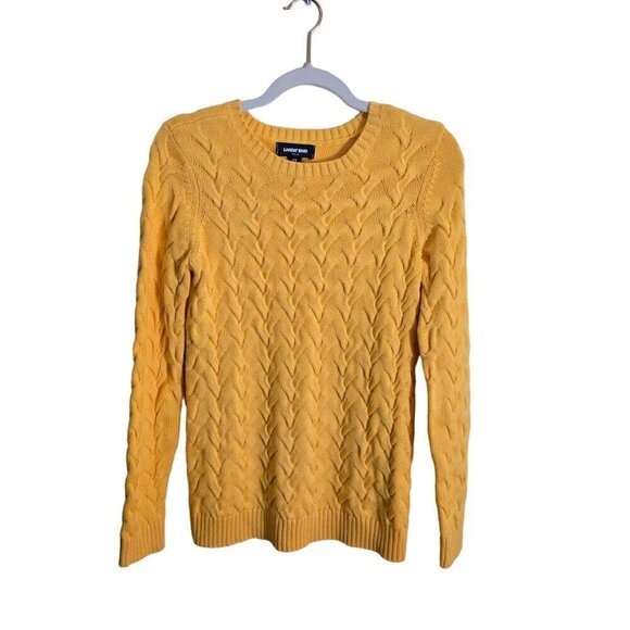 Lands' End Drifter Yellow Cable Knit Fisherman Midweight  Cotton Sweater Size XS - Picture 2 of 5